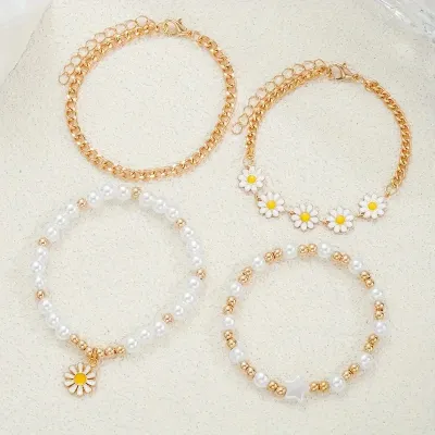 Stylish Mini Beaded & Pearl Chain Daisy Bracelets